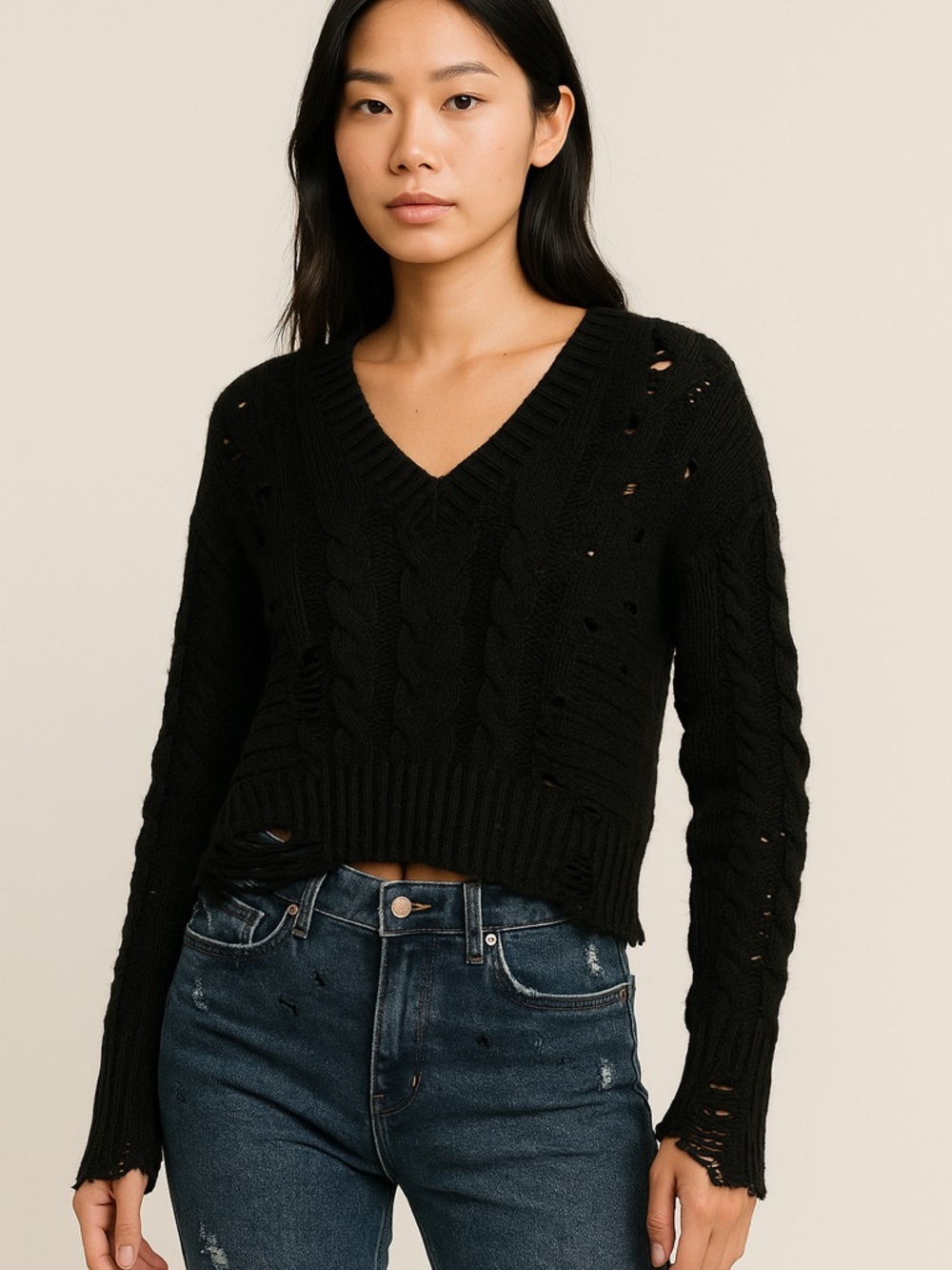 Black V-Neck Distressed Cable-Knit Sweater